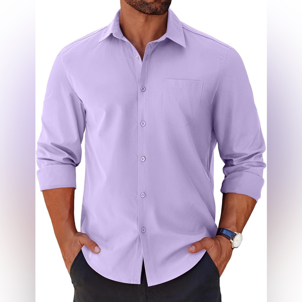 NEW ColorPlus Wrinkle Resistant Lavender Dress Shirt, Neo Classic Fit Size L